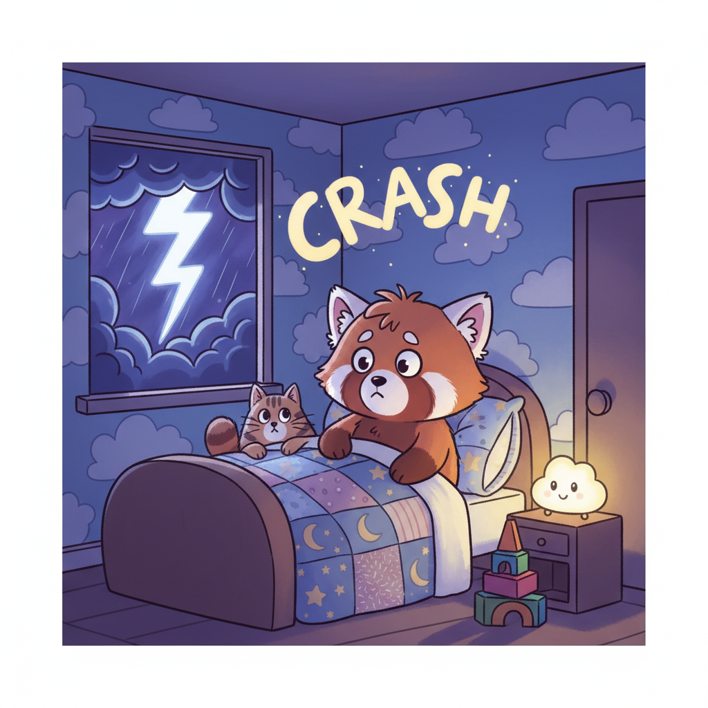 Illustration for Storm Night: Thunder crashed outside and lightning flashed at the window. Cam woke up scared …
