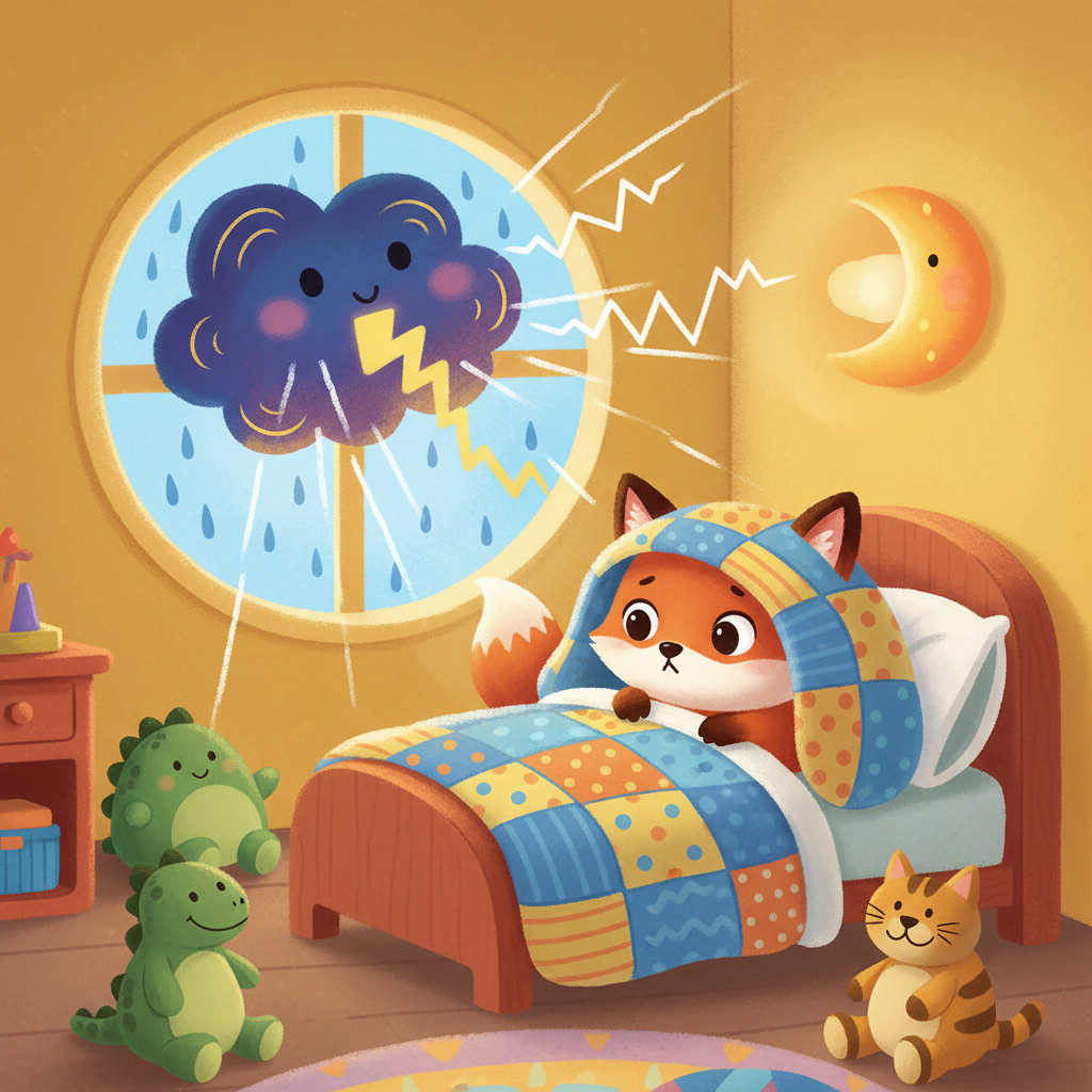 Illustration for Storm Night: He pulled his blanket over his head, but the thunder was very loud.