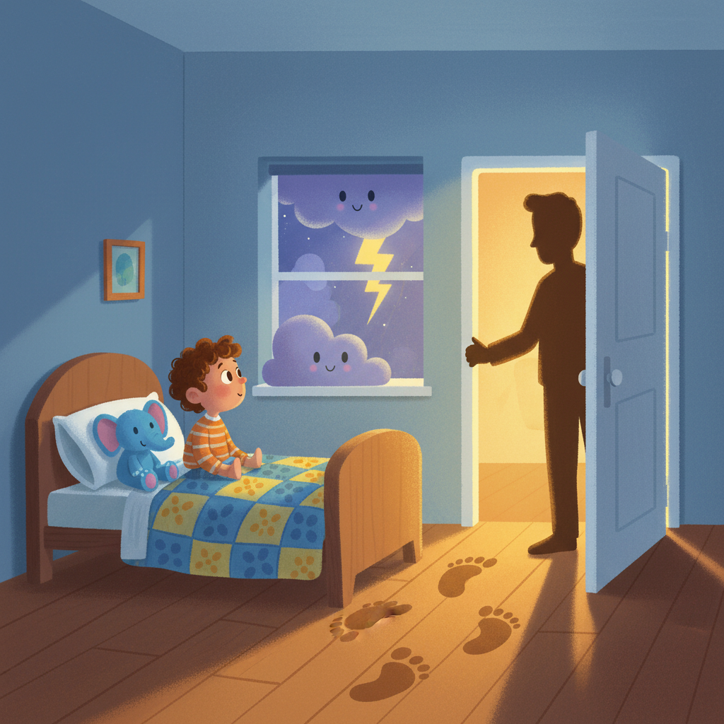 Illustration for Storm Night: Cam heard his dad's footsteps in the hall. The bedroom door opened.