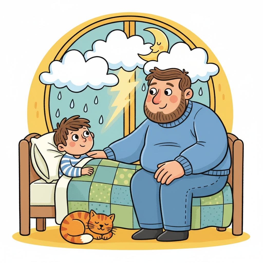 Illustration for Storm Night: Dad sat on the edge of the bed. Storms are a little scary, huh? he said.