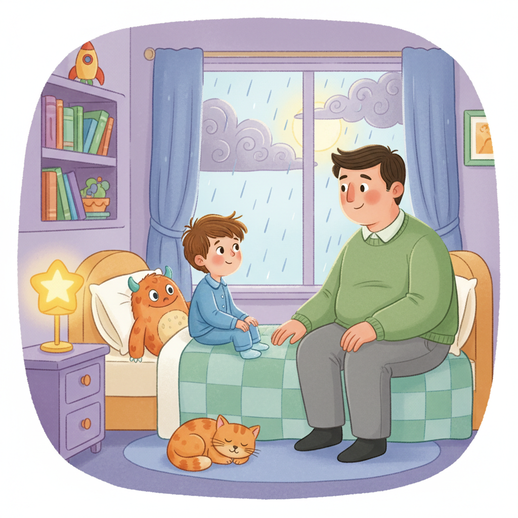Illustration for Storm Night: Can you stay? Cam asked. Dad nodded and sat beside him.