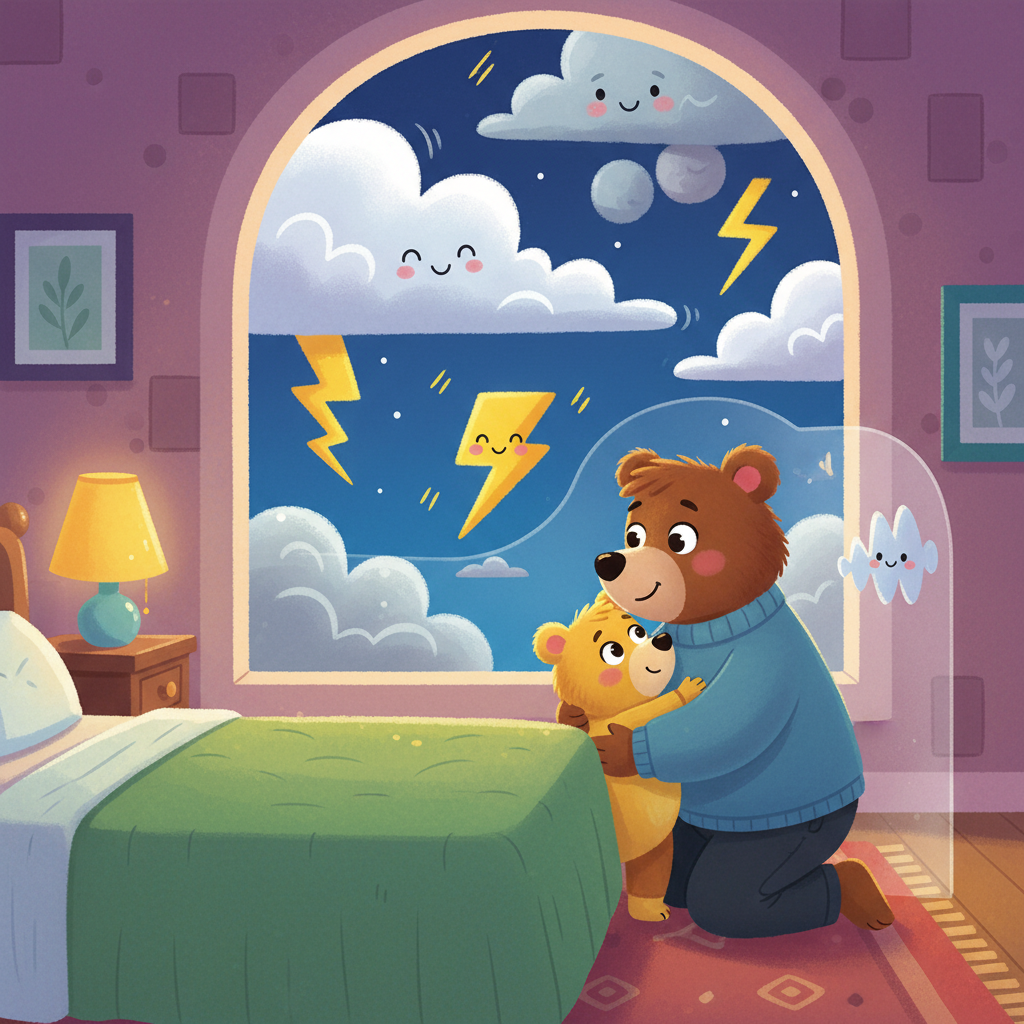 Illustration for Storm Night: He explained that thunder is just sound. Lightning is light. They cannot come in…