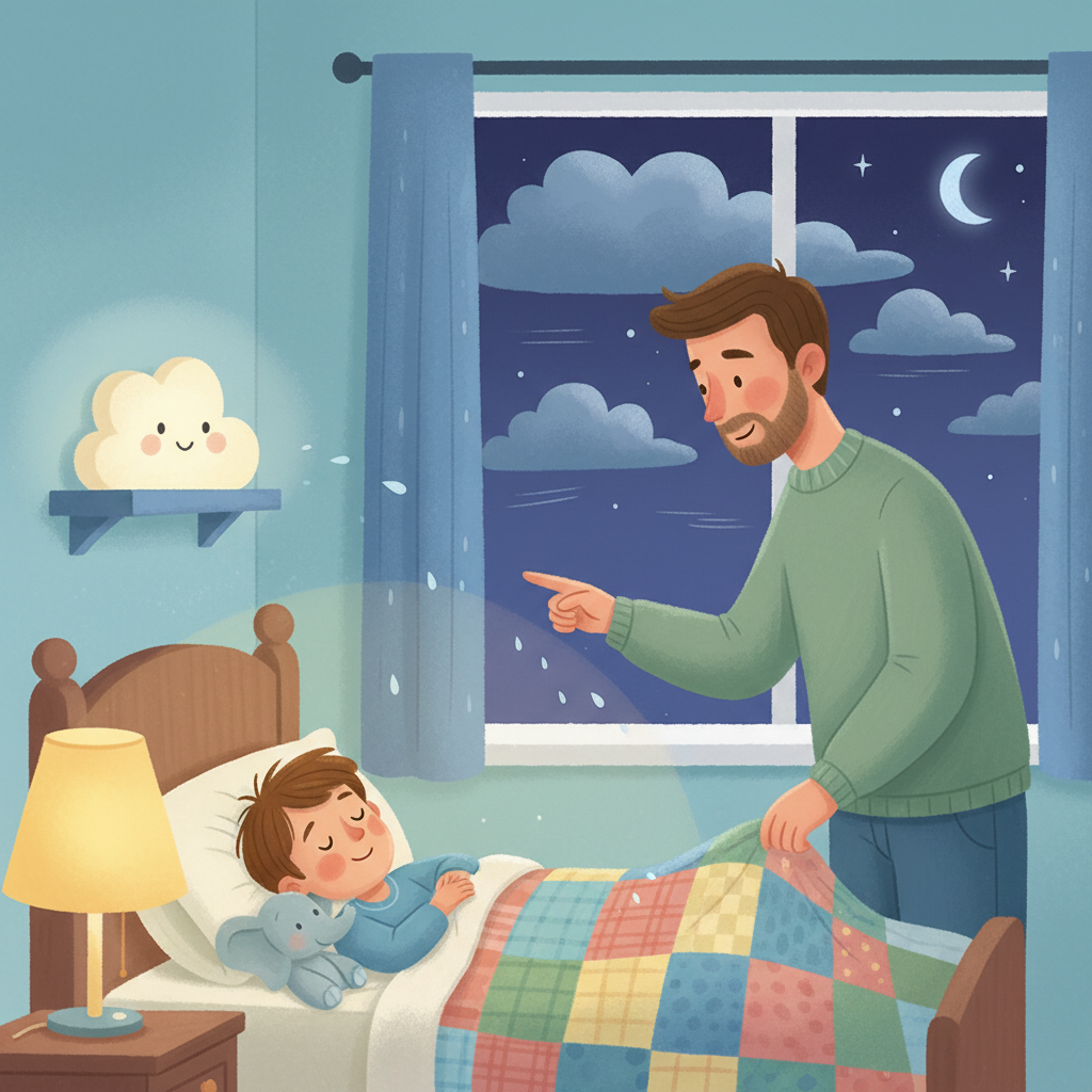 Illustration for Storm Night: The storm is moving away, Dad said. By then, Cam's eyes were closing again. He f…