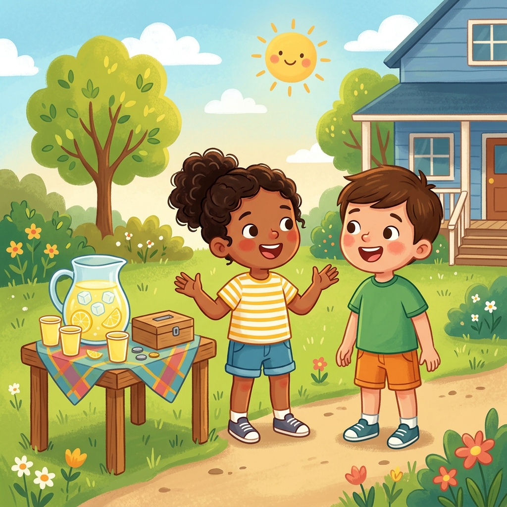 Illustration for The Lemonade Stand: It was the hottest day of summer, and twins Ella and Noah had a big idea. Let's …