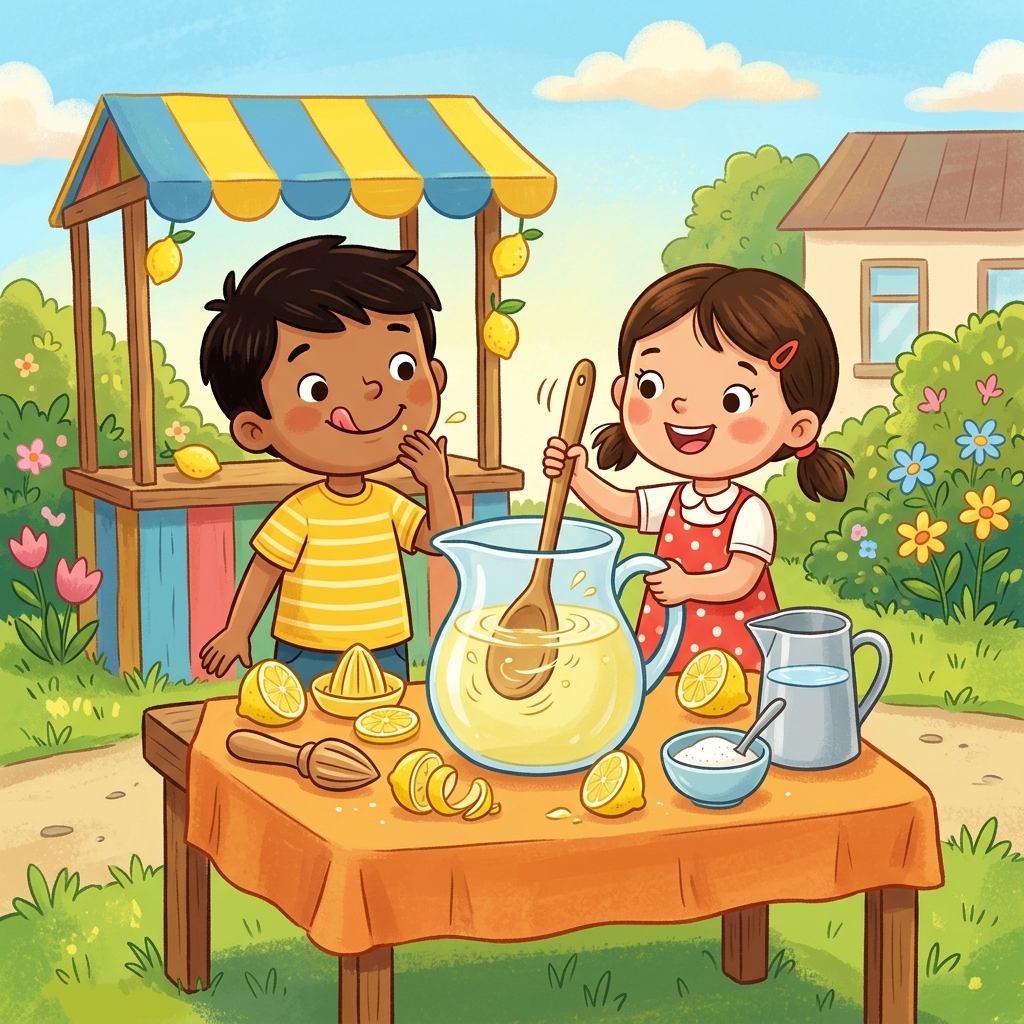 Illustration for The Lemonade Stand: They squeezed twenty lemons, added sugar and cold water, and stirred it all toge…