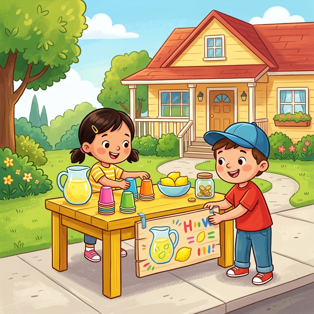 Illustration for The Lemonade Stand: They set up a table in front of their house with paper cups and a hand-painted s…