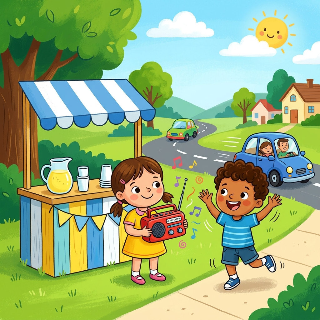 Illustration for The Lemonade Stand: Ella had an idea. She ran inside and came back with her mom's radio. They turned…