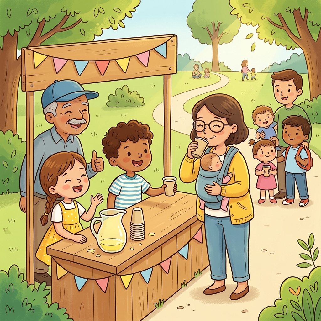 Illustration for The Lemonade Stand: Soon people started stopping. They sold cup after cup. Some people even said it …