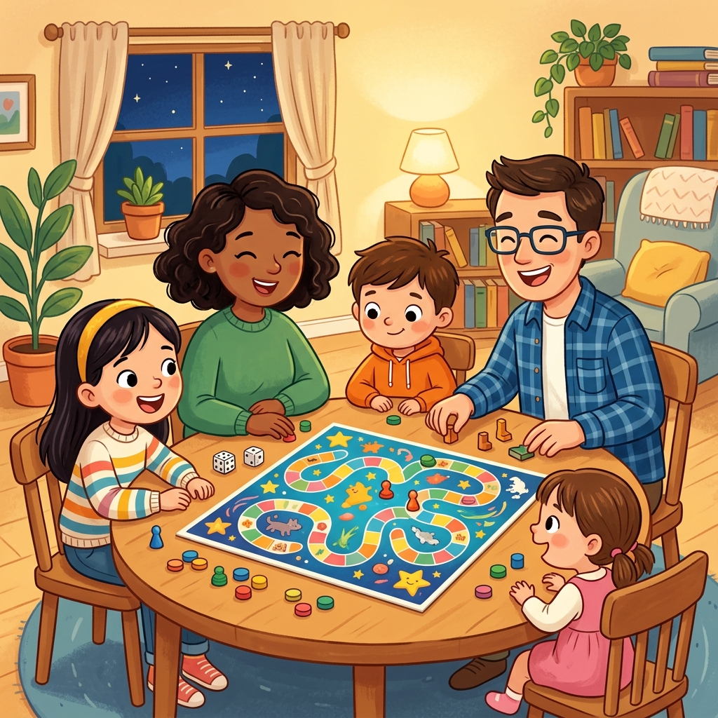 Illustration for The Lemonade Stand: That night, the whole family played the new board game together. Ella said, We s…
