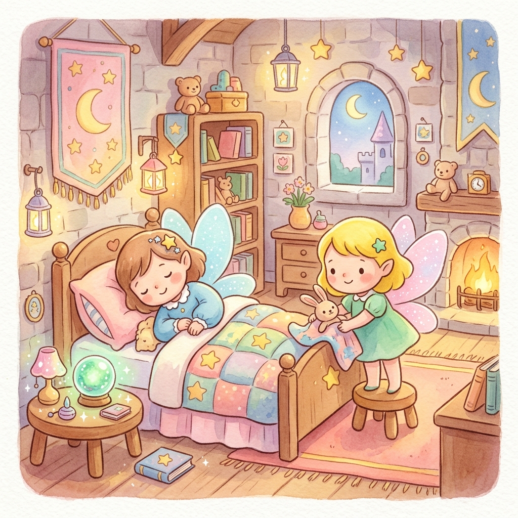 Illustration for Sleeping Beauty and the Enchanted Forest: When they arrived at the castle, the fairies led Aurora up to a quiet room to re…