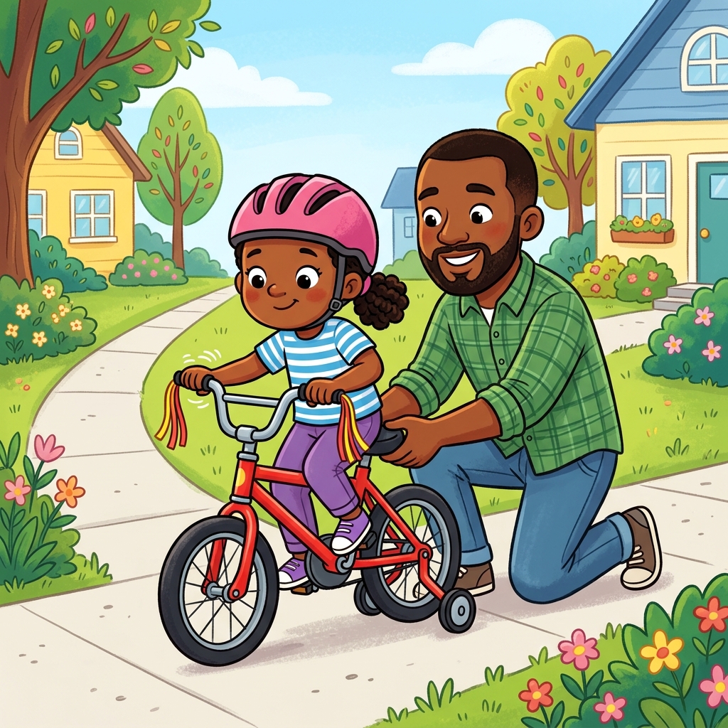 Illustration for The First Bike Ride: Dad held the back of the seat as Amara climbed on. I will not let go until you a…