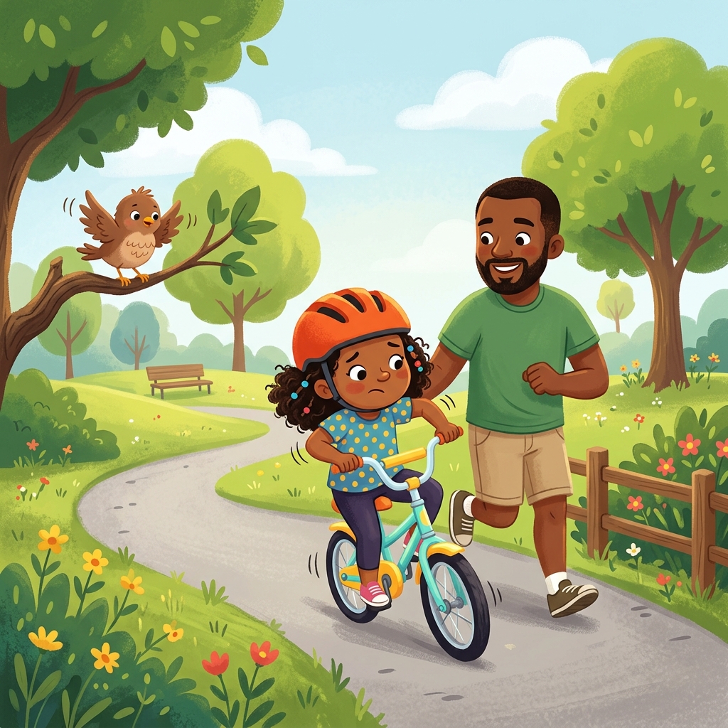 Illustration for The First Bike Ride: For the first few minutes, Dad jogged beside her, one hand on the seat. Amara wo…