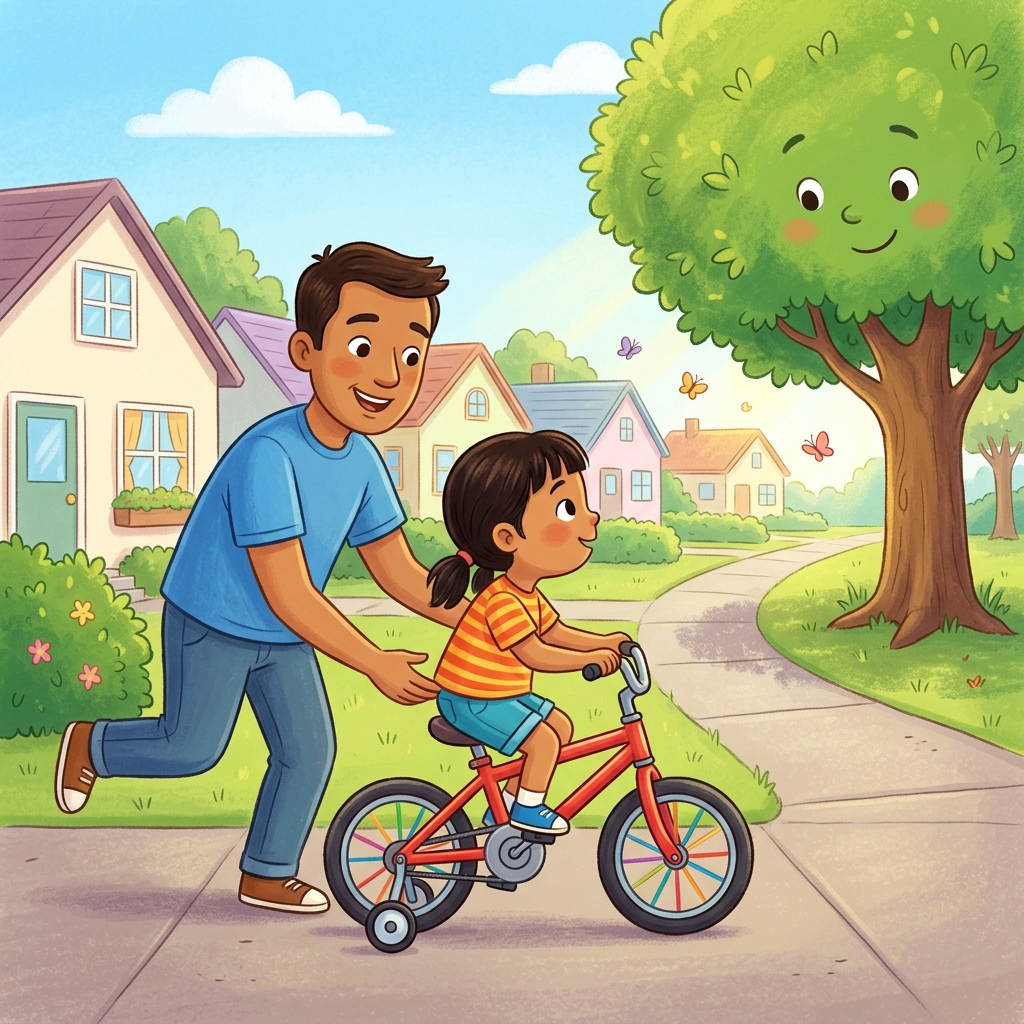 Illustration for The First Bike Ride: Keep pedaling, Dad said. Don't look down — look ahead at where you want to go. A…