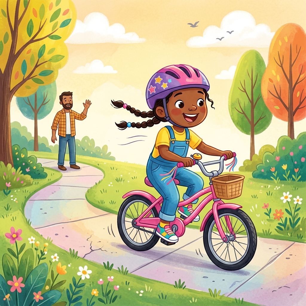 Illustration for The First Bike Ride: She did not notice when Dad's hand left the seat. She was pedaling on her own, t…