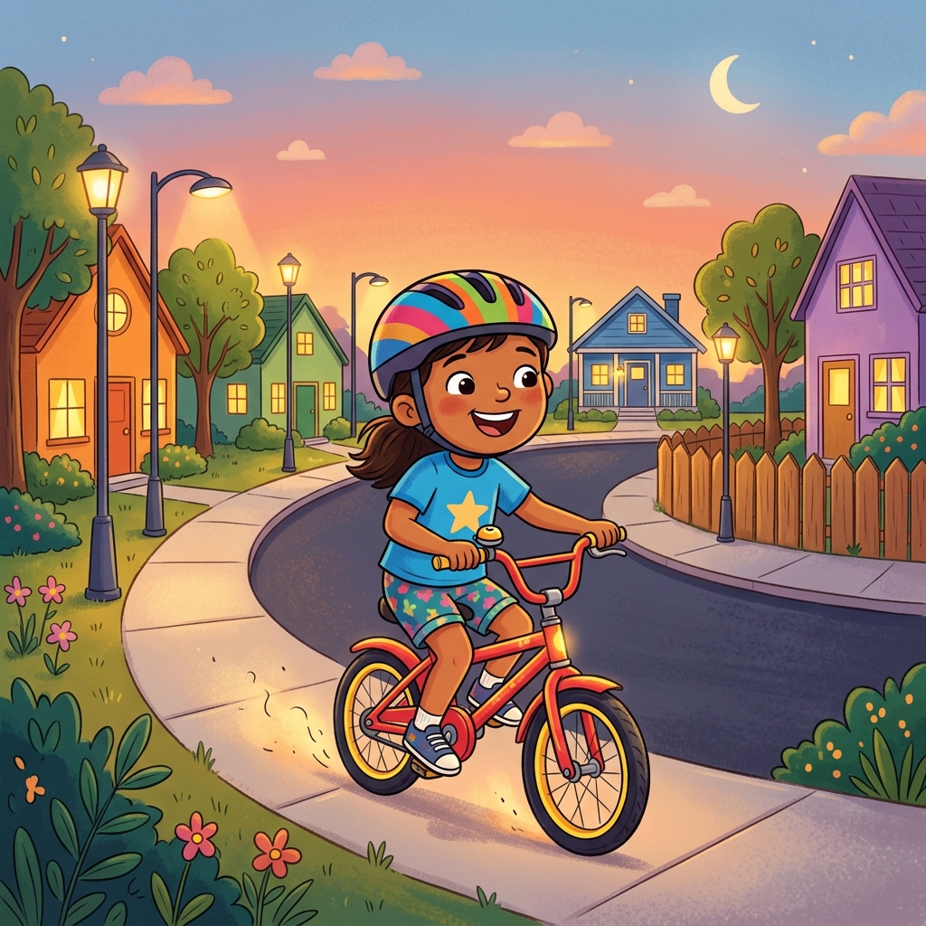 Illustration for The First Bike Ride: Amara rode all the way to the end of the block, turned around, and rode back. Th…