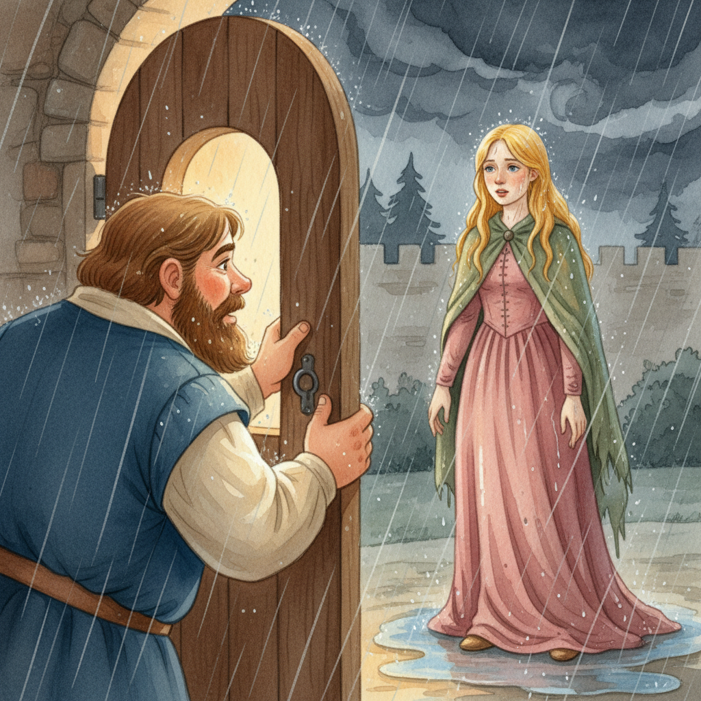 Illustration for The Princess and the Pea: Several weeks later, on a night when the autumn storms had turned the sky black …