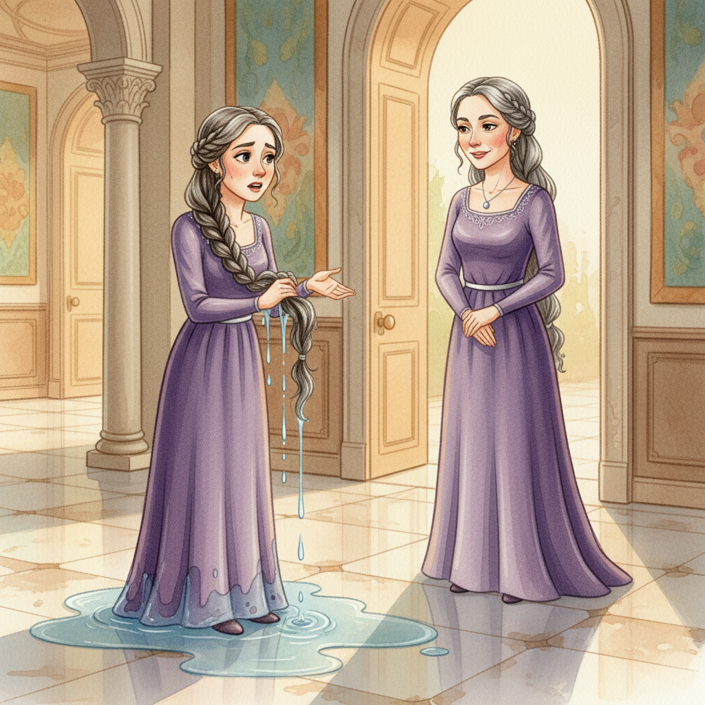 Illustration for The Princess and the Pea: Queen Ingrid came down to the entrance hall to meet the visitor, and she found t…