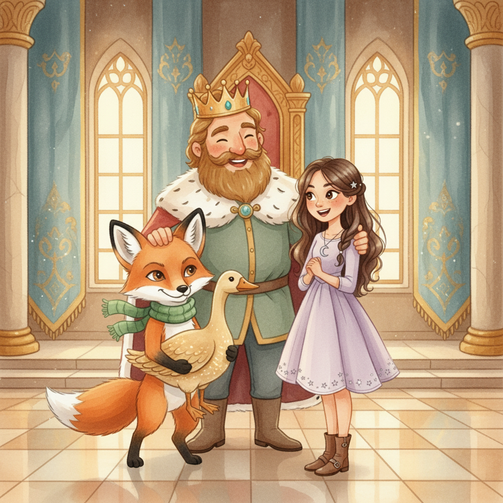 Illustration for The Golden Goose: Pip, still holding the Golden Goose, was ushered into the grand throne room, his…