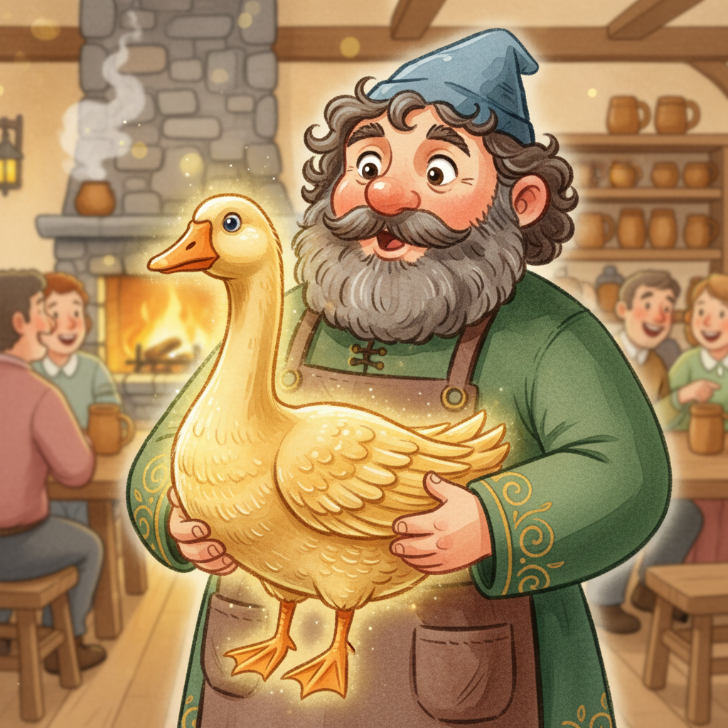 Illustration for The Golden Goose: The Innkeeper immediately bustled over, his eyes wide with amazement at the sigh…