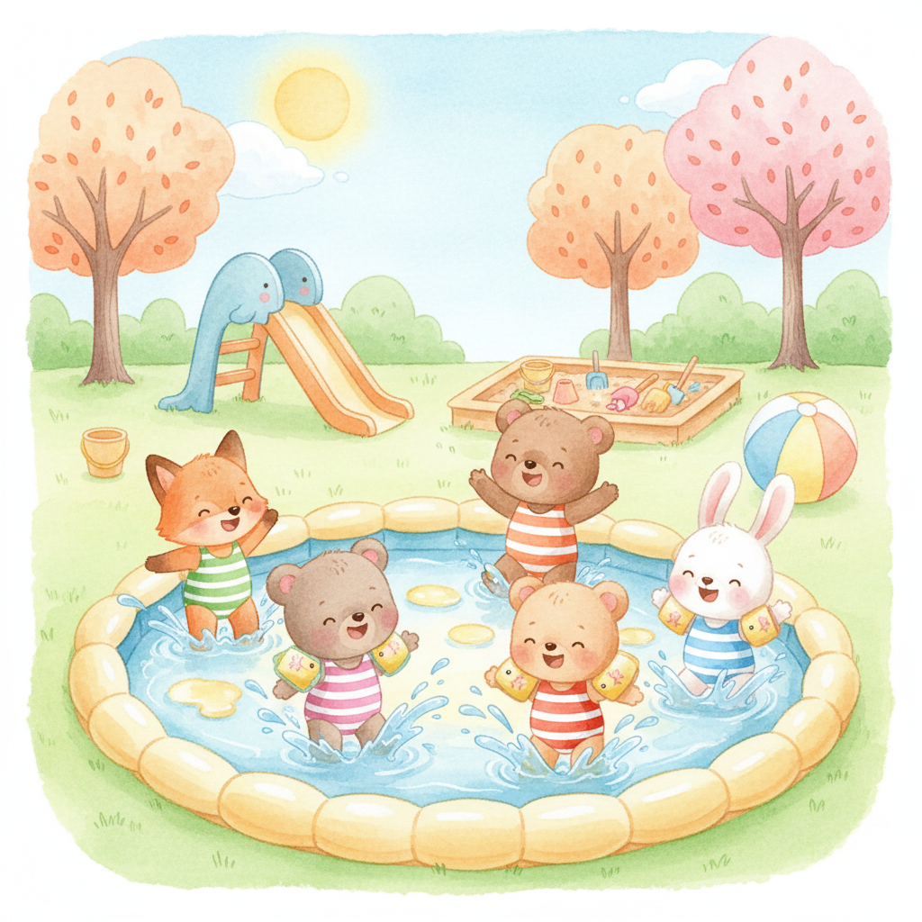 Illustration for Seasons Change: In summer, the sun is hot. We swim and play outside.