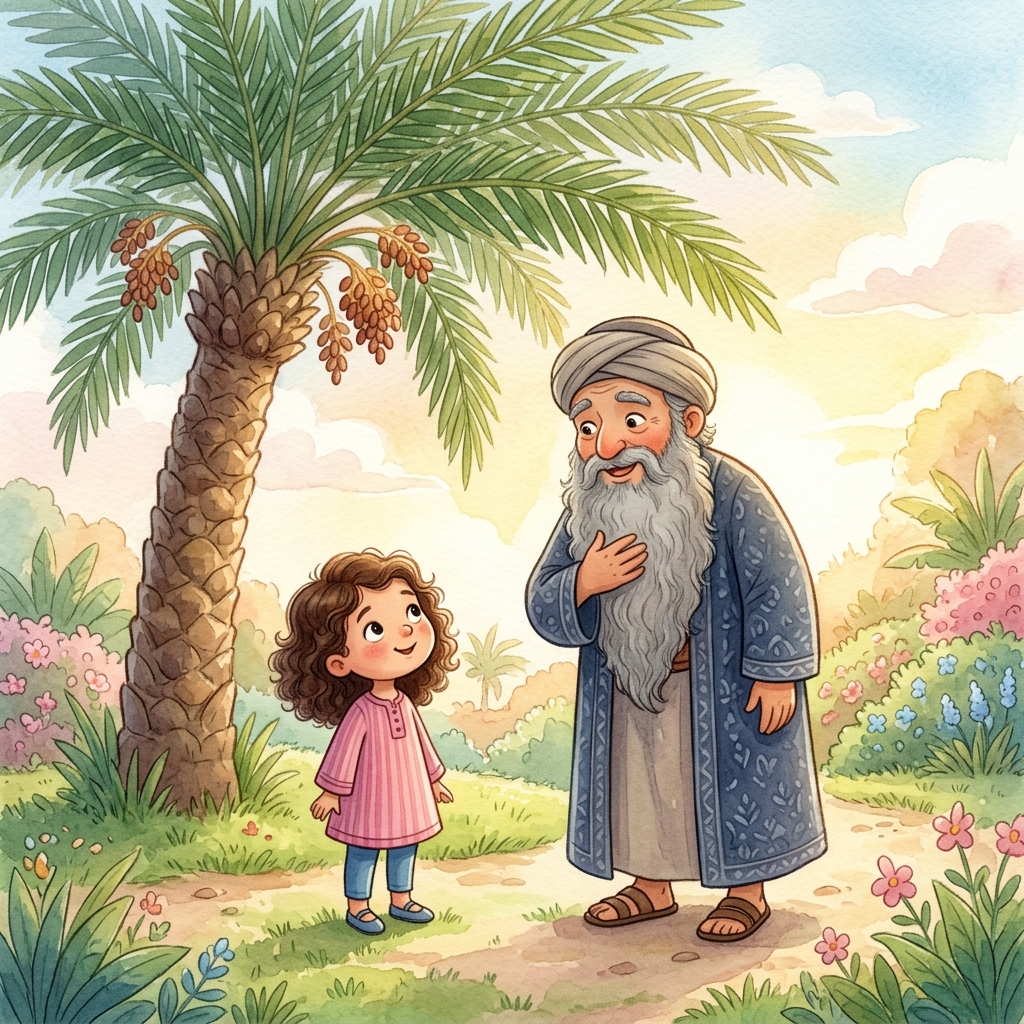 Illustration for Aladdin and the Magic Lamp: One day, as Aladdin sat in the shade of a date palm tree, a mysterious old man a…