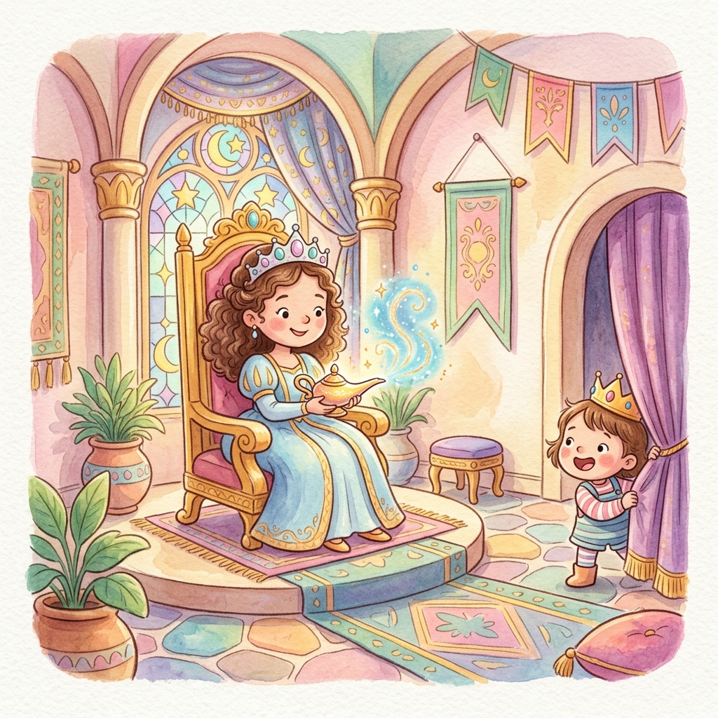 Illustration for Aladdin and the Magic Lamp: Aladdin snuck into the throne room, where Jafar was sitting on the Sultan's thro…