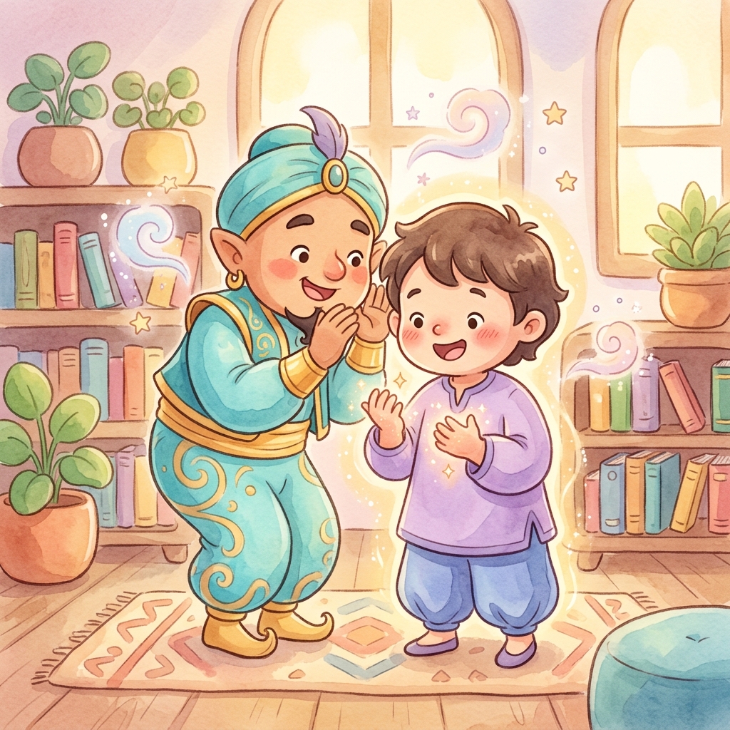 Illustration for Aladdin and the Magic Lamp: The genie's form changed. He became smaller, more human. He no longer glowed wit…