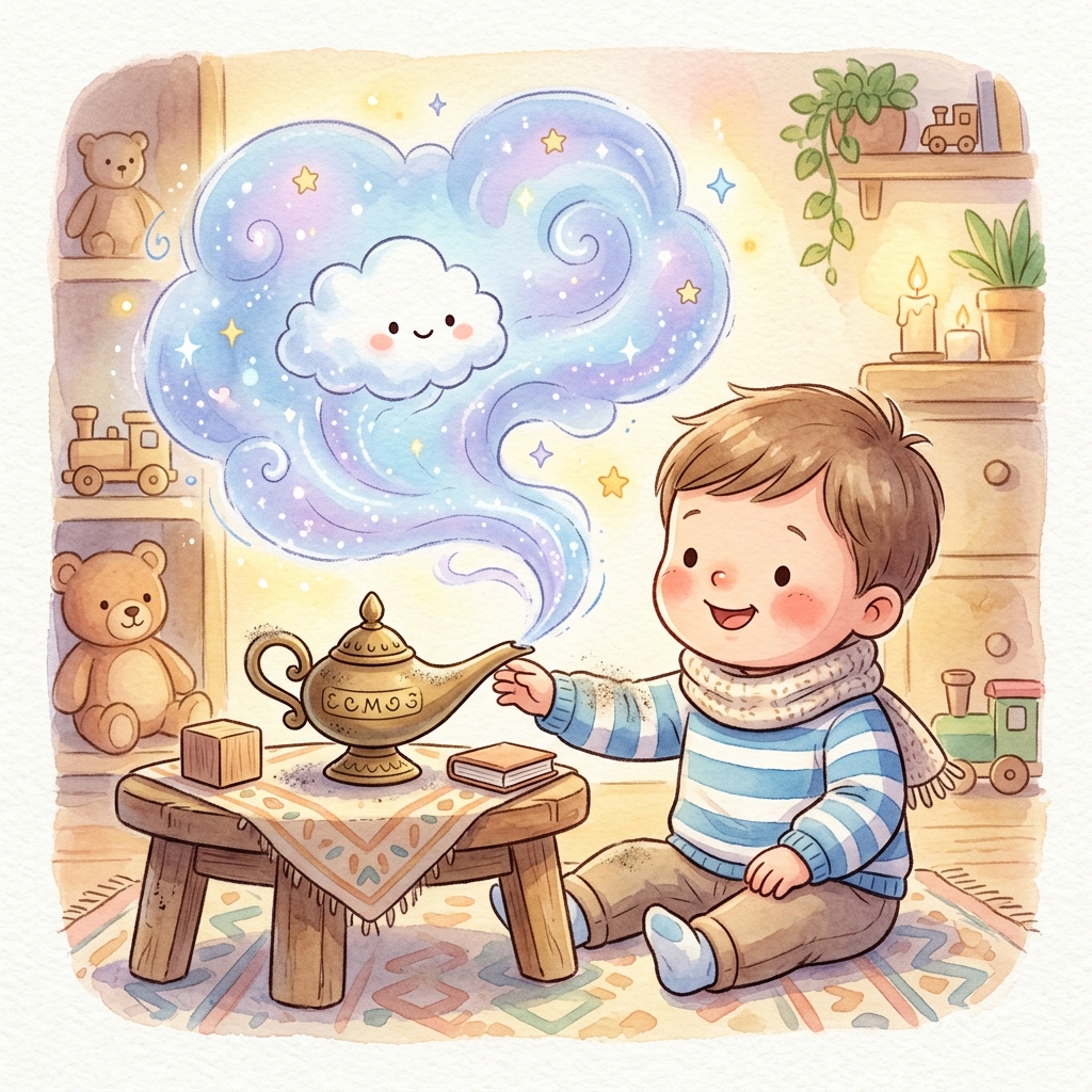 Illustration for Aladdin and the Magic Lamp: Aladdin rubbed the dusty lamp with his sleeve to clean it a little. Suddenly, a …