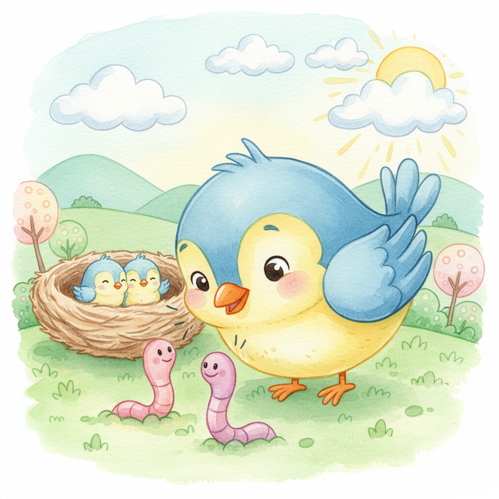 Illustration for What Do Animals Eat?: The bird eats worms. Peck, peck, peck!