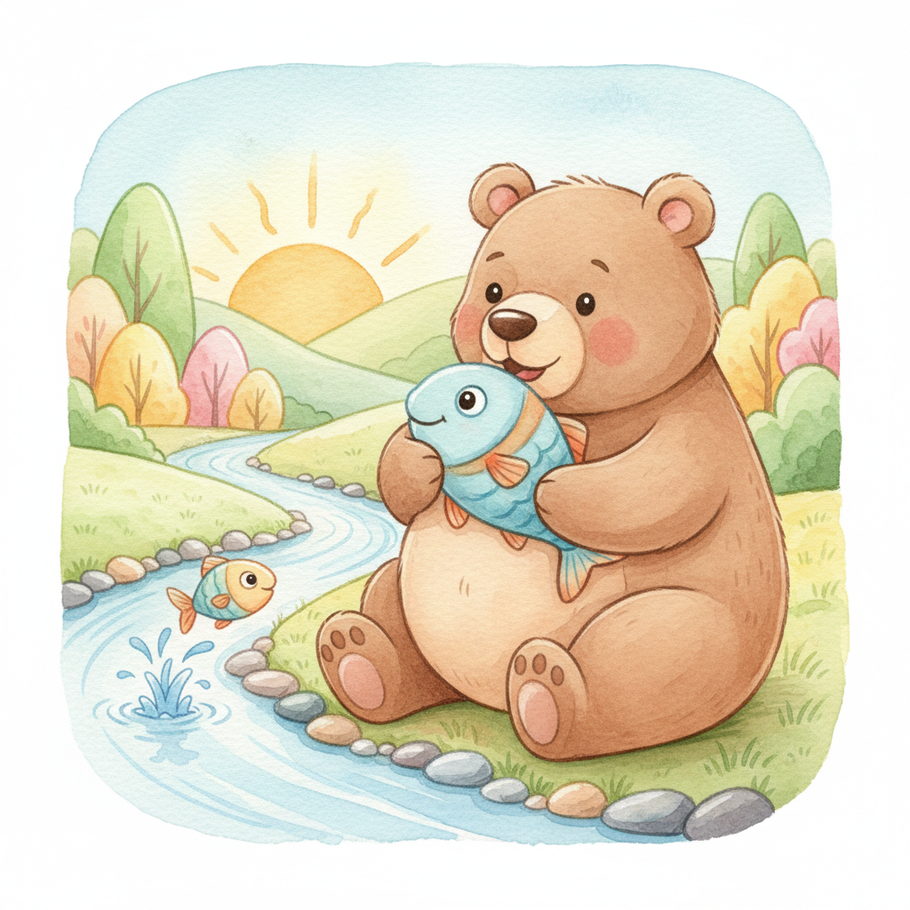 Illustration for What Do Animals Eat?: The bear eats fish. Splash, catch, yum!