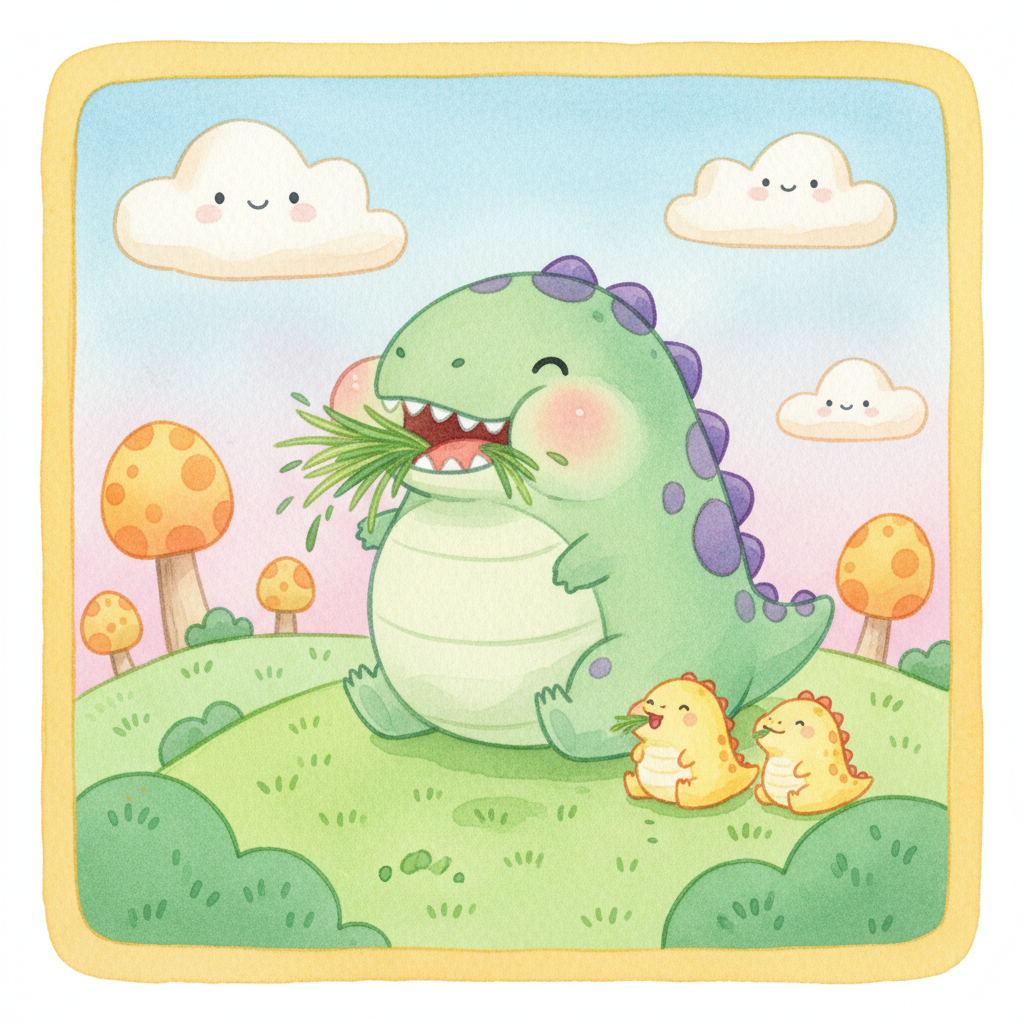 Illustration for What Do Animals Eat?: The cow eats grass. Chomp, chomp, chomp!