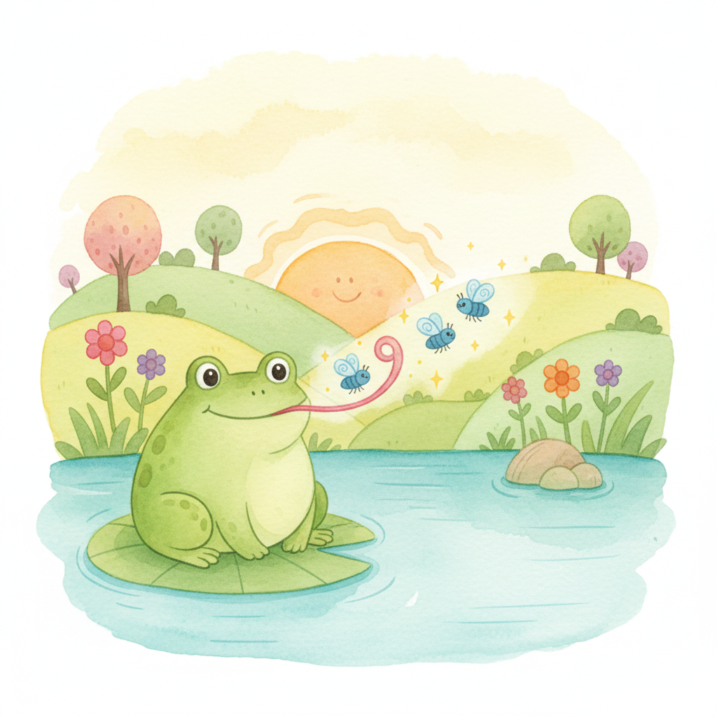 Illustration for What Do Animals Eat?: The frog eats flies. Snap! Gone in a flash!