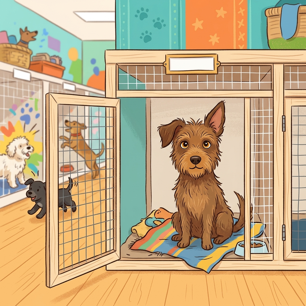 Illustration for The Rescue Dog: In the last kennel sat a scruffy brown dog with one floppy ear and one straight …