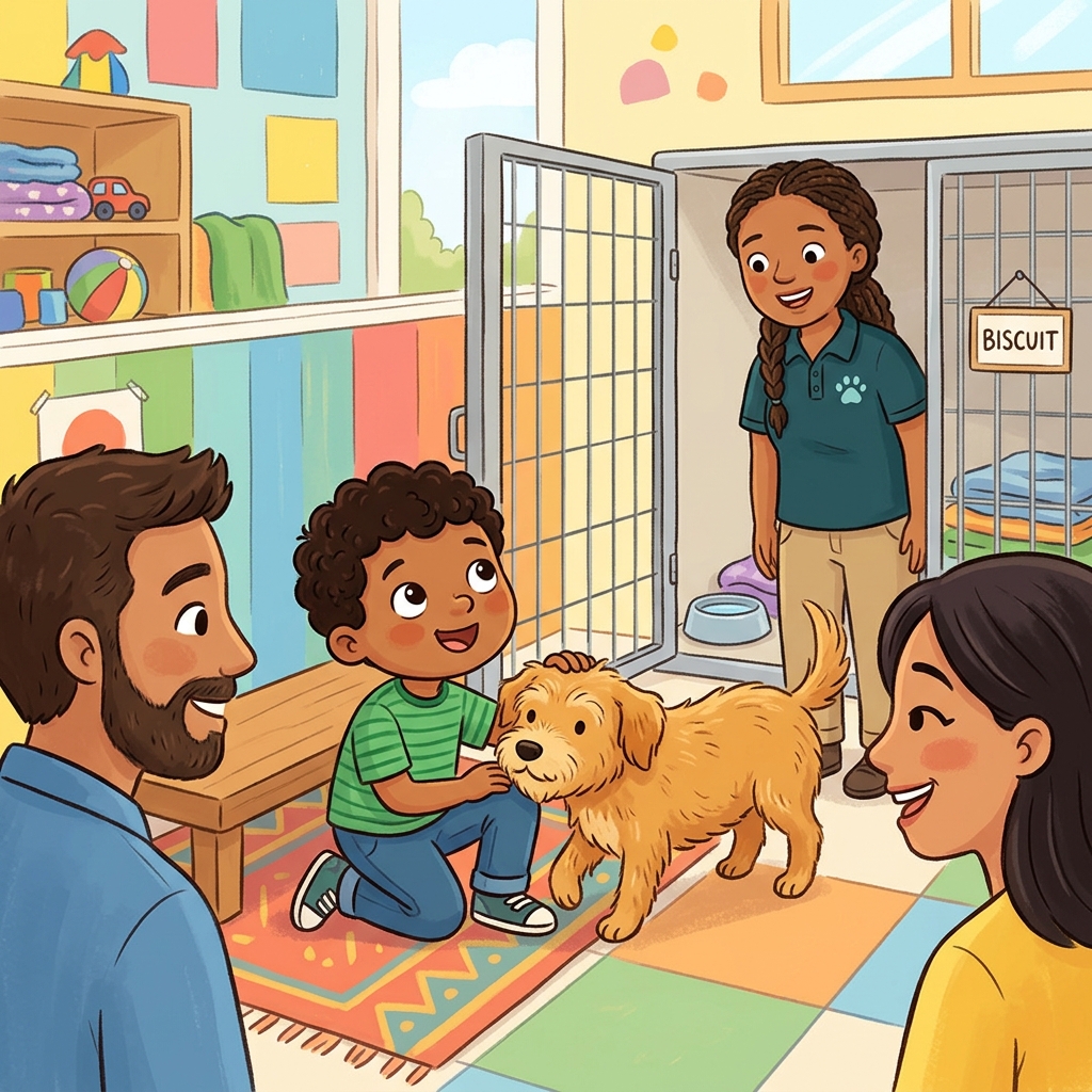 Illustration for The Rescue Dog: Can we pet him? asked Carlos. The worker opened the kennel, and Biscuit walked s…