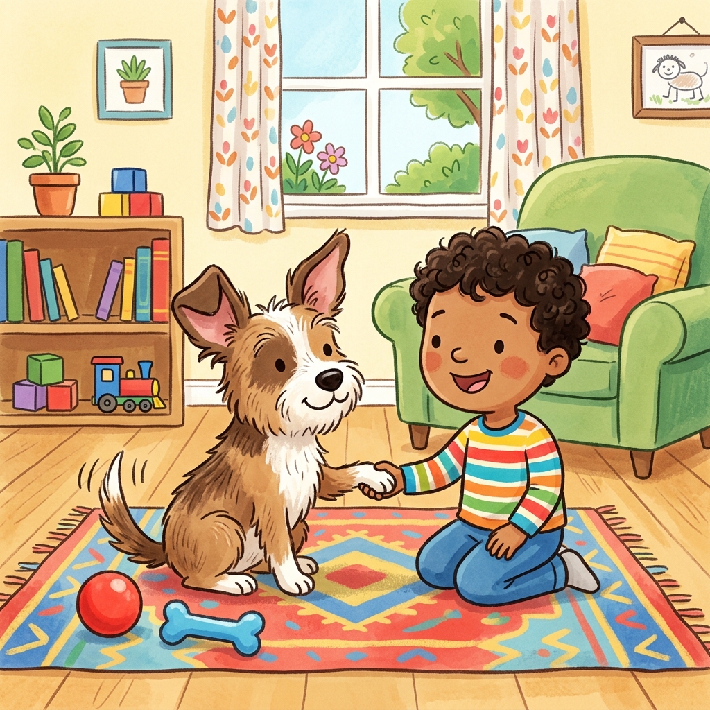 Illustration for The Rescue Dog: Slowly, day by day, Biscuit came out of his shell. He started wagging his mismat…