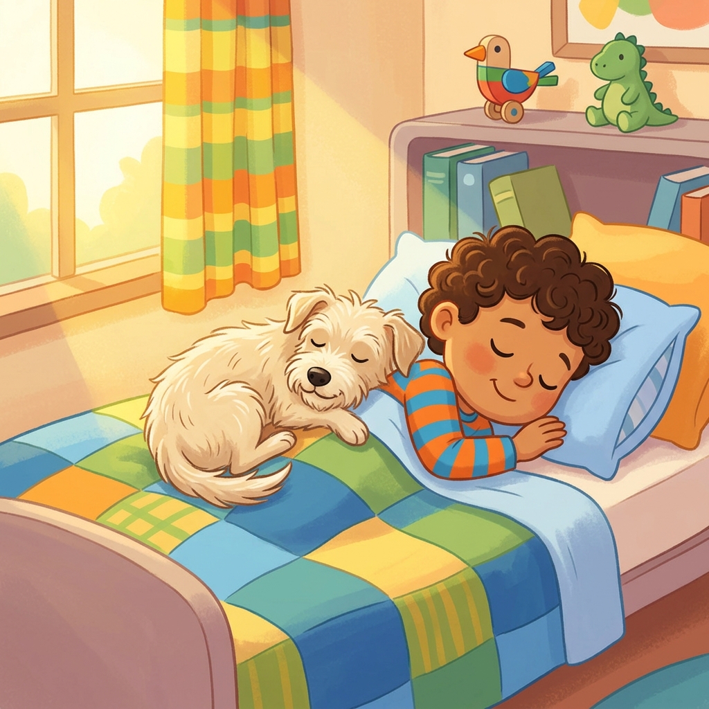 Illustration for The Rescue Dog: By the end of the month, Biscuit slept on Carlos's bed every night and followed …