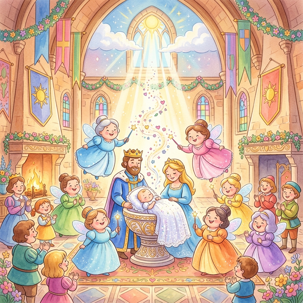 Illustration for Sleeping Beauty: The day of the christening arrived, bright and beautiful, with the sun shining d…