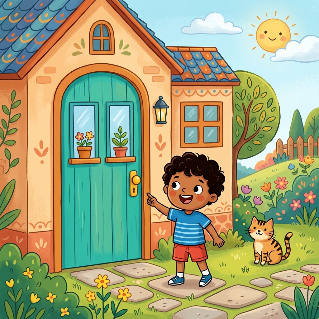 Illustration for Shapes All Around: The door is a rectangle. Tall and long.