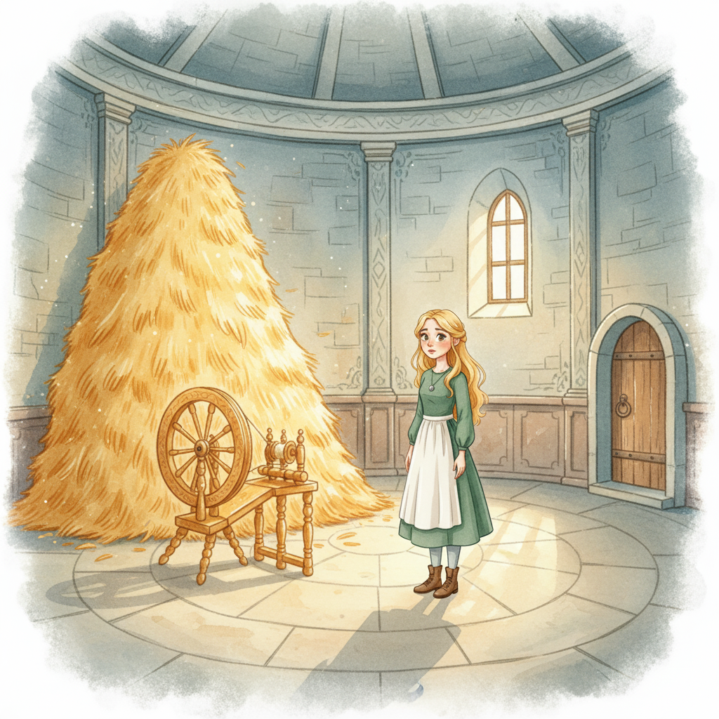 Illustration for Rumpelstiltskin: Inside the vast, circular room, a shimmering, golden spinning wheel stood proudl…