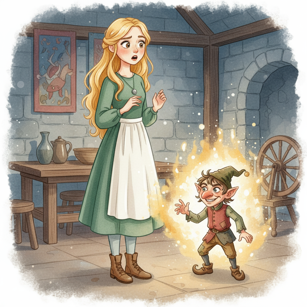 Illustration for Rumpelstiltskin: As the last sliver of daylight faded, painting the sky in hues of soft lavender …