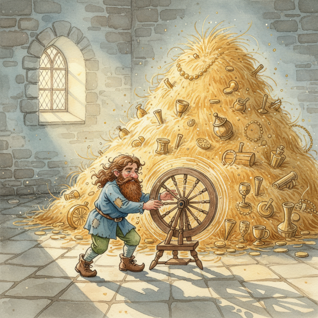 Illustration for Rumpelstiltskin: All through the night, the little man spun, and the room became a wonderland of …