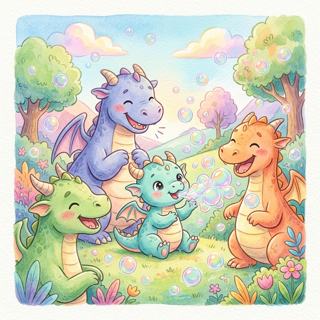 Illustration for The Dragon Who Breathed Bubbles: The other, bigger dragons would laugh at him. 'You cannot be a real dragon!' the…