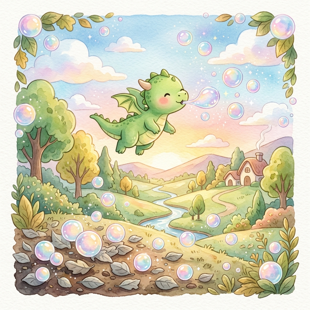 Illustration for The Dragon Who Breathed Bubbles: He flew all over the valley, breathing his pretty, soapy bubbles everywhere! The…