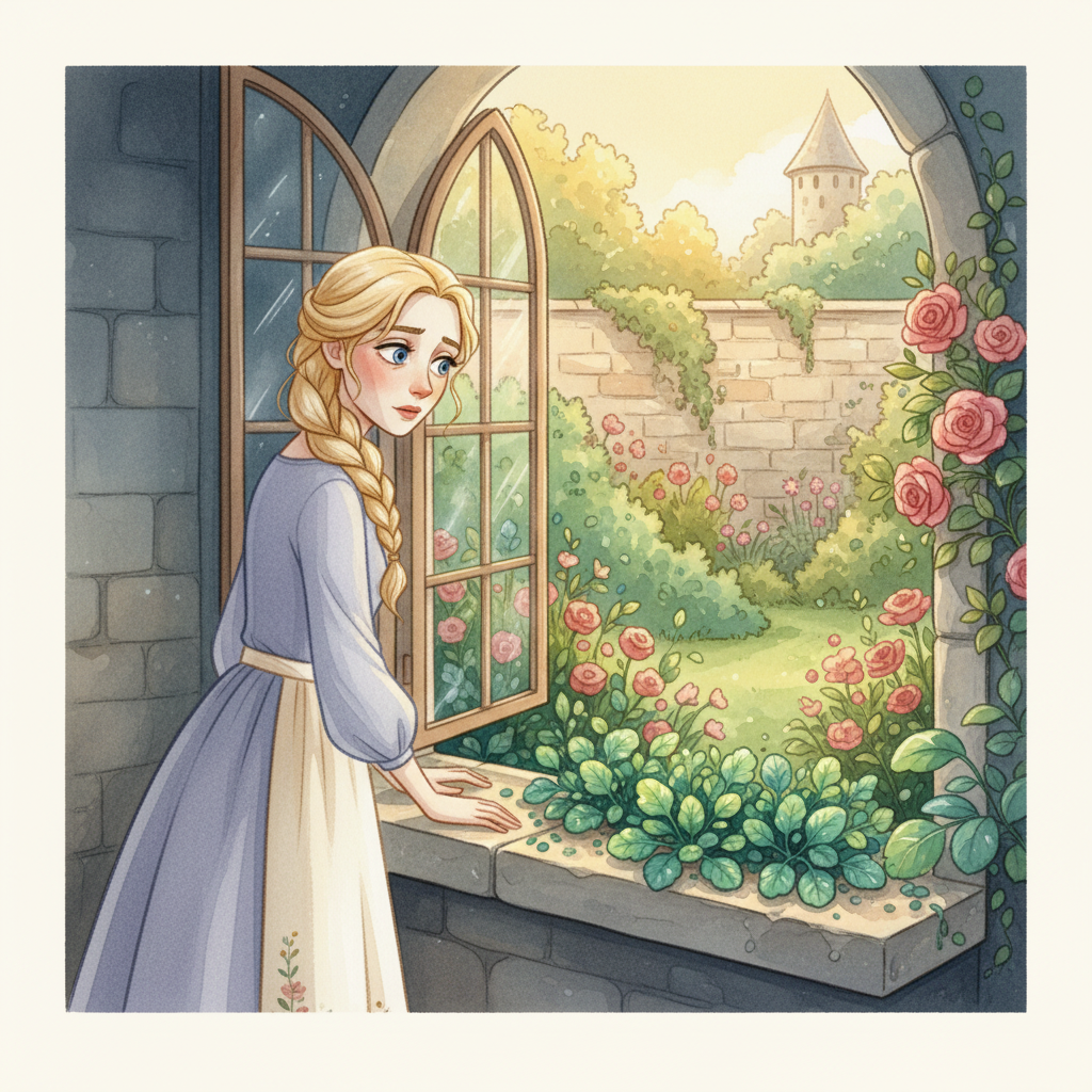 Illustration for Rapunzel: One spring morning, Elsa was standing at the upstairs window, looking down into …