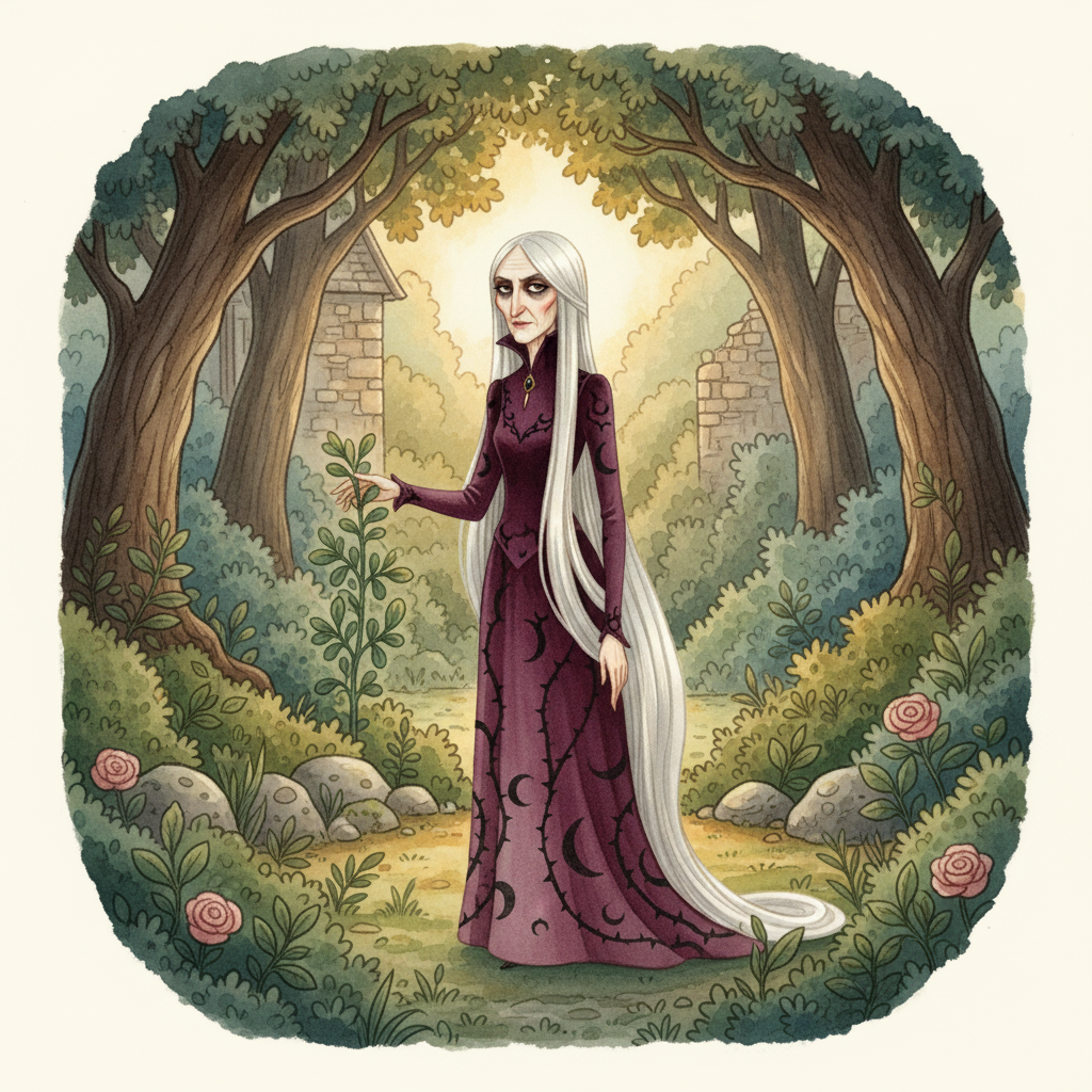Illustration for Rapunzel: As for Dame Gothel, she was never seen again. Some say she retreated to her gard…