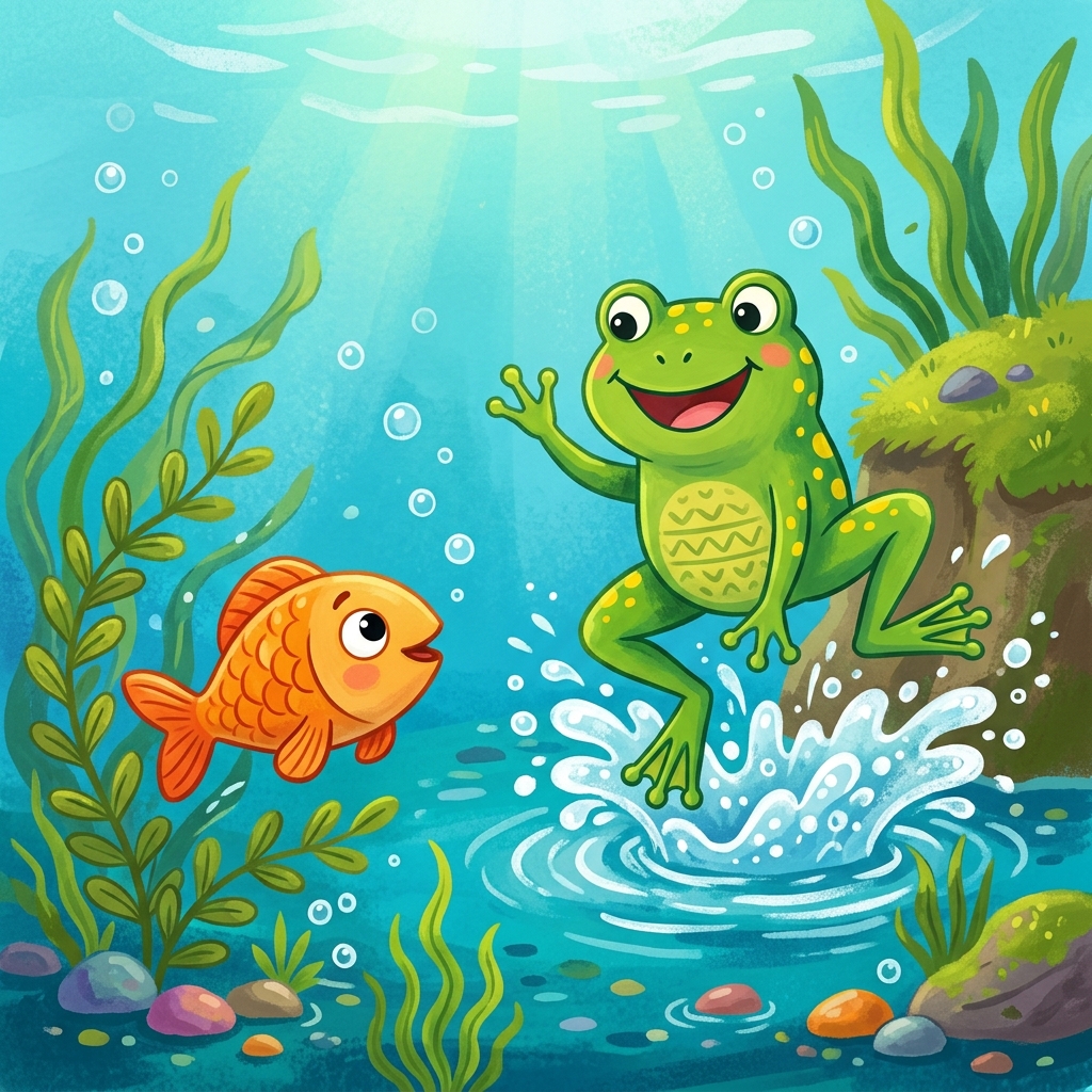 Illustration for The Brave Little Fish: One day, a frog jumped in. Hello! I am Fred, said the frog.