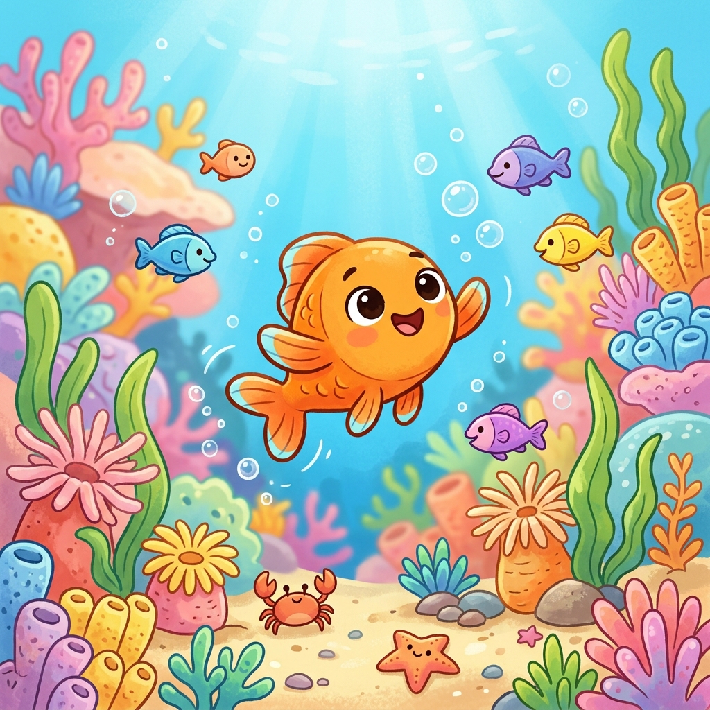 Illustration for The Brave Little Fish: Finn was so happy. I am small, but I am brave! he said.
