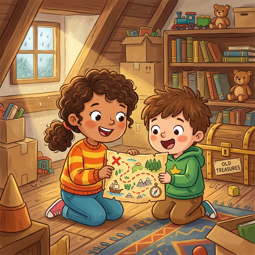 Illustration for The Map in the Attic: She showed it to her brother Felix. This could be a treasure map! he said, his e…