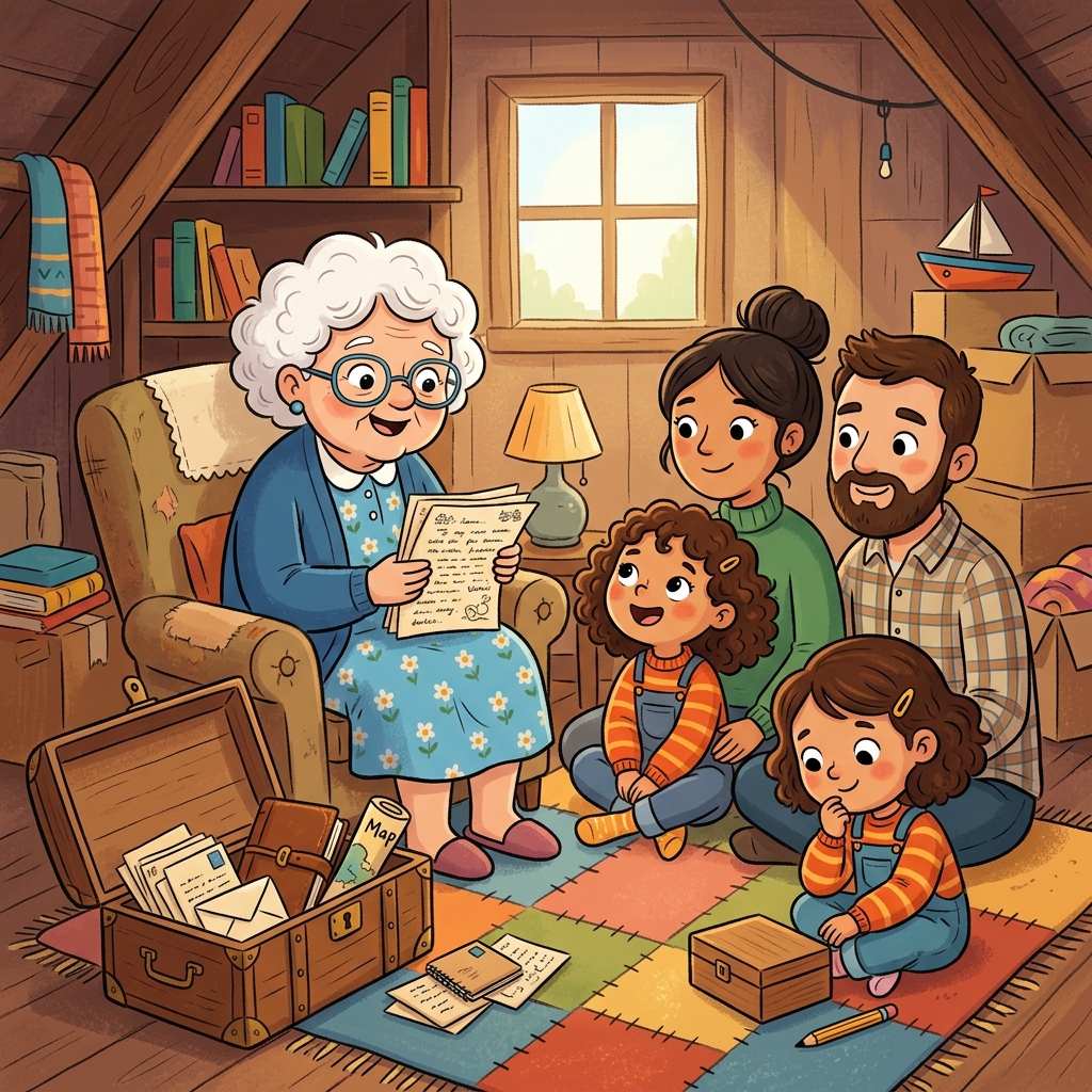 Illustration for The Map in the Attic: Grandma read the letters aloud. They were notes she had written to her future se…
