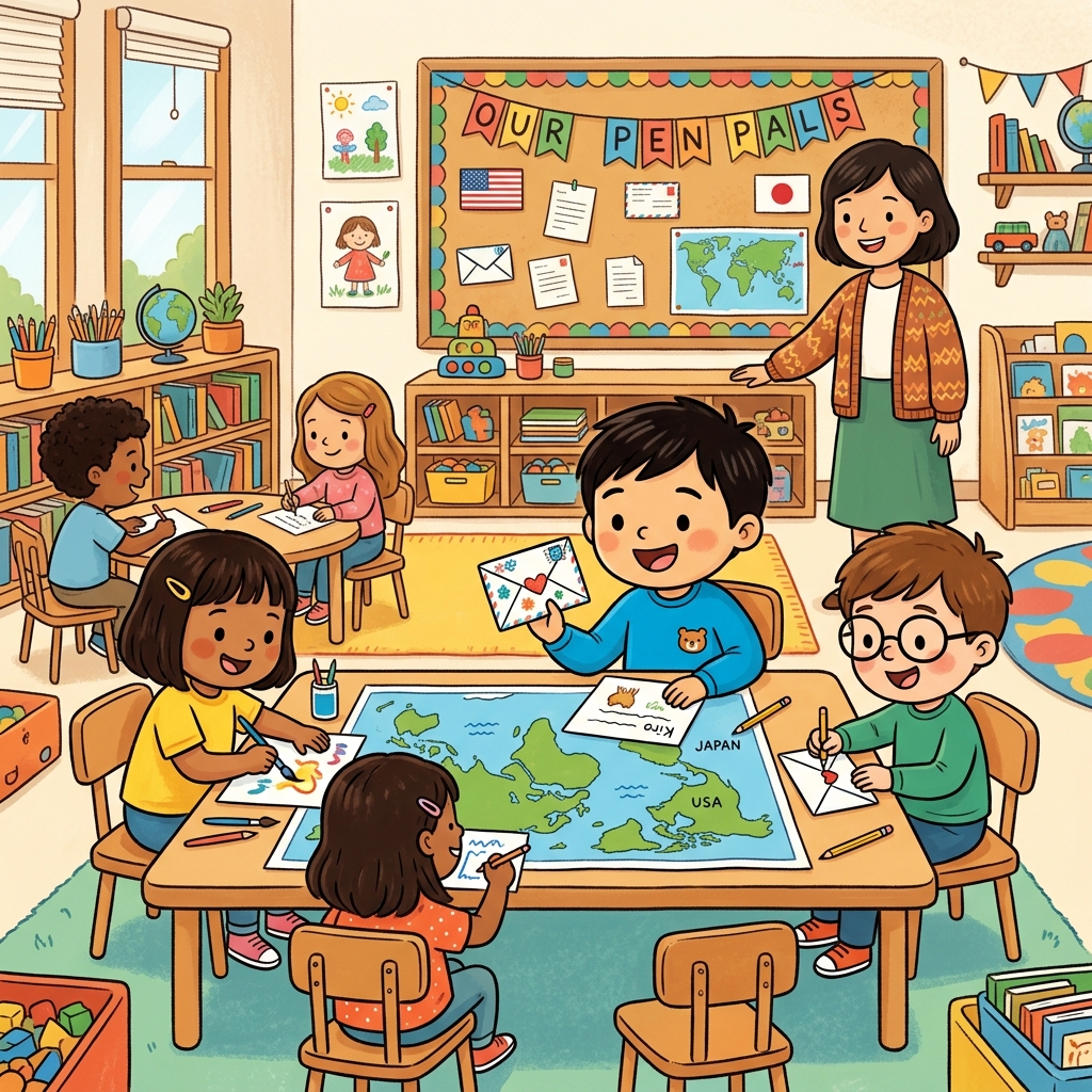 Illustration for The Pen Pal: Ms. Chen's class started a pen pal project with a school in Japan. Each student …